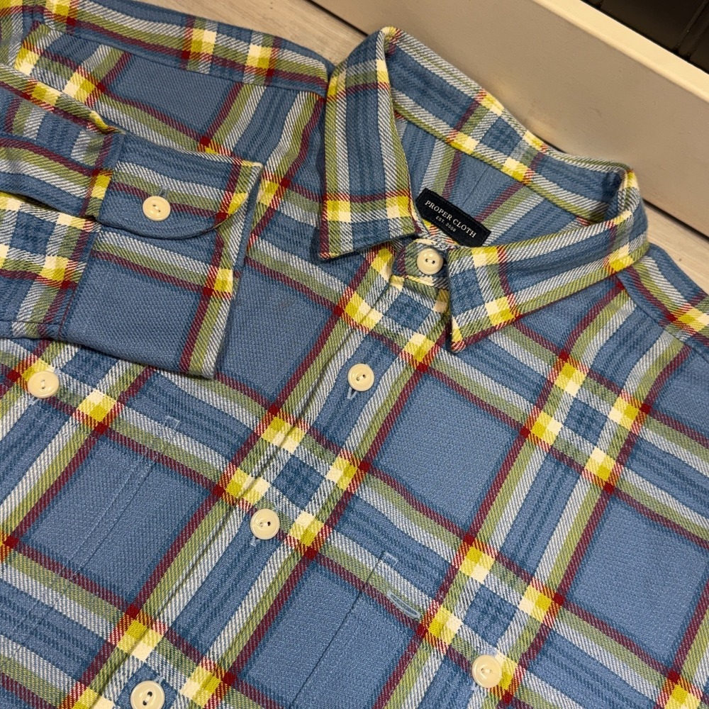 Proper Cloth Jackson Plaid Flannel Shirt Blue Red Yellow Men's XL Slim